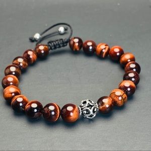 925 Red Tiger Eye Sterling Silver Beaded Bracelet